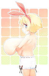 1girl back backboob blonde_hair blue_eyes breasts gigantic_breasts gradient_background highres looking_at_viewer no_bra oppai_loli original pedocchi short_hair smile solo topless rating:Questionable score:72 user:danbooru