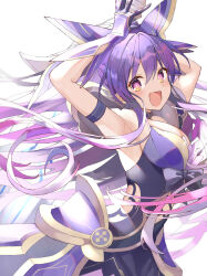  1girl armor armored_dress bow breasts date_a_live dress gauntlets highres long_hair medium_breasts open_mouth purple_eyes purple_hair smile solo upper_body white_background yatogami_tooka youmtk1714 