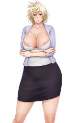  1girl :o areola_slip bakugou_mitsuki black_skirt blonde_hair blouse boku_no_hero_academia breast_slip breasts brown_eyes cleavage cowboy_shot crossed_arms curvy female_focus huge_breasts legs_apart looking_at_viewer mature_female nipple_slip nipples saogokushi shirt short_hair simple_background skirt solo spiked_hair standing thick_thighs thighs white_background wide_hips  rating:Questionable score:44 user:DontMindMeJustHere
