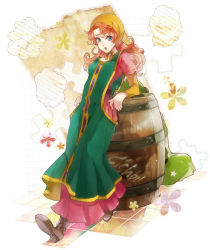 1girl bad_id bad_pixiv_id dragon_quest dragon_quest_vii dress full_body green_eyes head_scarf long_dress long_hair maribel_(dq7) open_mouth orange_hair s1minami simple_background solo white_background 
