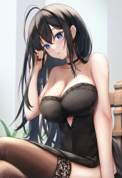 1girl ahoge amano_kusatsu bare_arms bare_shoulders black_choker black_dress black_hair black_nails blue_eyes blush breasts brown_thighhighs choker cleavage collarbone commentary_request covered_navel crossed_legs dress earrings fingernails frilled_dress frills hair_between_eyes hand_in_own_hair hand_up highres jewelry large_breasts long_fingernails long_hair looking_at_viewer nail_polish original parted_lips pelvic_curtain sitting smile solo strapless strapless_dress thighhighs very_long_hair rating:Sensitive score:22 user:danbooru