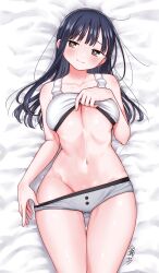  1girl bed_sheet blue_hair blush boku_no_kokoro_no_yabai_yatsu breasts cleavage clothes_lift collarbone crop_top dark_blue_hair gluteal_fold grey_panties groin hair_slicked_back highres large_breasts lifting_own_clothes light_smile long_hair looking_at_viewer lying navel on_back panties panty_pull pulling_own_clothes shirt_lift signature solo stomach tank_top underboob underwear underwear_only white_tank_top yamada_anna zeroasann 