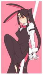  1girl alternate_costume animal_ears black_footwear black_hair black_pants bow bowtie brown_eyes collared_shirt dress_shirt fake_animal_ears formal higaragi high_heels highres kantai_collection long_hair nachi_(kancolle) pant_suit pants pink_background rabbit_ears rabbit_tail red_bow red_bowtie shirt side_ponytail solo suit tail white_shirt wrist_cuffs 