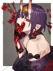  1girl bare_shoulders blood blood_on_arm blood_on_face blood_on_hands bob_cut earrings eyeliner eyeshadow fangs fate/grand_order fate_(series) hair_between_eyes highres hiranko horns japanese_clothes jewelry kimono looking_at_viewer makeup oni open_mouth pointy_ears purple_eyes purple_hair purple_kimono revealing_clothes short_hair shuten_douji_(fate) signature skin-covered_horns smile solo teeth thick_eyebrows tongue tongue_out  rating:Sensitive score:37 user:danbooru