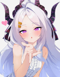  1girl absurdres ahoge aiming aiming_at_viewer blowing_kiss blue_archive blush commentary_request demon_girl demon_horns forehead hair_ornament hair_ribbon hairclip halo head_tilt heart highres hina_(blue_archive) horns karaage_(xxxmido02) long_hair looking_at_viewer official_alternate_costume parted_bangs parted_lips purple_eyes ribbon shirt sidelocks simple_background sleeveless sleeveless_shirt solo sweatdrop upper_body wavy_hair white_background white_hair white_shirt  rating:General score:11 user:danbooru