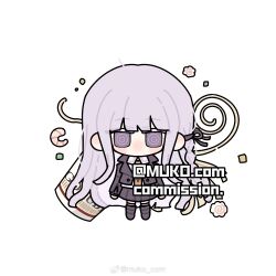  1girl artist_name black_ribbon blazer blunt_bangs blunt_ends boots braid chibi chinese_commentary collared_jacket collared_shirt commentary_request commission cup_ramen danganronpa:_trigger_happy_havoc danganronpa_(series) hair_ribbon highres jacket kirigiri_kyoko knee_boots kneehighs lapels layered_sleeves light_blush long_hair long_sleeves looking_at_viewer miniskirt muko_com necktie no_gloves no_mouth notched_lapels open_clothes open_jacket orange_necktie pleated_skirt purple_eyes purple_footwear purple_hair purple_jacket purple_skirt ribbon shirt sidelocks simple_background single_braid skirt socks solo straight-on straight_hair very_long_hair weibo_watermark white_background white_shirt white_socks 