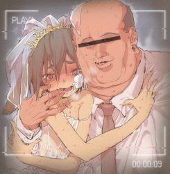  2boys 999knight age_difference balding black_hair censored crossdressing crying crying_with_eyes_open dress fat fat_man finger_in_another&#039;s_mouth hairband identity_censor looking_at_viewer male_focus multiple_boys necktie old old_man open_mouth original recording red_eyes shota sweat tears teeth tongue tongue_out trap wedding_dress yaoi  rating:Questionable score:186 user:Dweenie