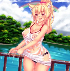 1girl animal_ear_fluff animal_ears black_panties blonde_hair blush breasts cat_ears cleavage cloud collarbone commentary cowboy_shot day dress english_commentary gluteal_fold highres large_breasts long_hair looking_at_viewer navel nipples no_bra nottytiffy original outdoors panties ponytail railing rainbow red_eyes see-through slit_pupils solo sundress tiffy_(nottytiffy) tongue tongue_out tree underwear water wet wet_clothes wet_hair wringing_clothes wringing_dress rating:Questionable score:53 user:danbooru
