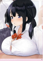 3girls :t absurdres black_hair bow bowtie bra bra_peek bra_visible_through_clothes breast_rest breasts button_gap cleavage collared_shirt dress_shirt highres kaisen_chuui large_breasts long_hair multiple_girls non-web_source original page_number pout purple_eyes shirt sidelocks solo_focus translation_request twintails underwear white_shirt rating:Sensitive score:88 user:danbooru