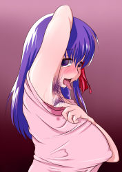 1girl andou_hyuugo arm_up armpit_hair armpits breasts colored_armpit_hair covered_erect_nipples fate/stay_night fate_(series) female_focus highres huge_breasts long_hair matou_sakura open_mouth profile purple_eyes purple_hair saliva simple_background solo standing sweat_stain tongue upper_body rating:Questionable score:36 user:Xander