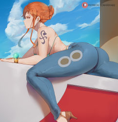 1girl araneesama arm_tattoo ass bikini bikini_top_only blue_pants blue_sky breasts brown_eyes commentary ear_piercing english_commentary from_side hair_bun high_heels huge_ass large_breasts log_pose long_hair nami_(one_piece) one_piece orange_hair pants piercing profile sidelocks sky solo swimsuit tattoo thick_thighs thighs tight_clothes tight_pants very_long_hair rating:Questionable score:128 user:armorcrystal