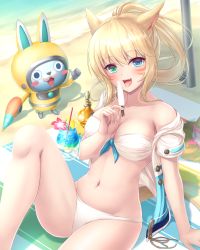  10s 1girl :d animal_ears bad_id bad_pixiv_id bare_shoulders beach beach_towel bikini blonde_hair blue_eyes blush blush_stickers breasts brown_hat cat_ears cat_tail cleavage cocktail_glass collarbone creature crossover cup drinking_glass drinking_straw eyebrows facial_mark final_fantasy final_fantasy_xiv food front-tie_bikini_top front-tie_top fruit green_eyes hat heterochromia highres holding holding_food knee_up lemon lemon_slice long_hair looking_at_viewer md5_mismatch medium_breasts miqo&#039;te navel off_shoulder open_clothes open_mouth open_shirt outdoors pole sand shadow shirt shore short_sleeves sitting smile stomach strapless strapless_bikini straw_hat swimsuit tail thumbs_up tiphereth towel traditional_youkai unbuttoned unbuttoned_shirt unworn_hat unworn_headwear usapyon warrior_of_light_(ff14) water whisker_markings white_bikini white_shirt youkai_watch  rating:Sensitive score:22 user:danbooru