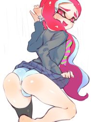 1girl :d anus anus_peek ass bad_id bad_twitter_id black_thighhighs blush bow bright_pupils cardigan clothes_lift ear_blush earrings fang furrowed_brow grey_cardigan hair_over_shoulder highres inkling inkling_girl inkling_player_character jewelry jtveemo lifting_own_clothes long_hair long_sleeves nintendo open_mouth panties partially_visible_anus pink_eyes pink_hair pointy_ears single_thighhigh smile solo splatoon_(series) splatoon_2 striped striped_bow tentacle_hair thighhighs underwear white_panties white_pupils rating:Questionable score:63 user:danbooru