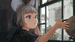  1girl animal_ears black_capelet brown-framed_eyewear building capelet commentary dated_commentary day english_commentary expressionless frilled_capelet frilled_sleeves frills glasses grey_eyes grey_hair highres indoors looking_outside mouse_ears mouse_girl original parted_lips round_eyewear short_hair short_sleeves solo upper_body window window_shutter yakikoke 