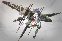 1girl assault_rifle blue_hair blush boots braid breasts clothing_cutout commentary covered_navel full_body glaive_(polearm) grey_background gun headgear highres holding holding_weapon jetpack knees_up leotard long_hair looking_at_viewer mecha_musume mechanical_wings oota_youjo original polearm rifle side_cutout skirt small_breasts solo thigh_boots thighhighs twin_braids very_long_hair weapon white_leotard wings yellow_eyes rating:Sensitive score:4 user:danbooru