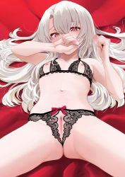  1girl black_panties blush bra breasts chen_bingyou cleft_of_venus crotch crotchless crotchless_panties cupless_bra fate/kaleid_liner_prisma_illya fate_(series) female_focus hair_between_eyes highres illyasviel_von_einzbern lace lace-trimmed_bra lace-trimmed_panties lace_trim loli long_hair looking_at_viewer lying navel nipples on_back panties pussy red_eyes sidelocks small_breasts solo spread_legs uncensored underwear underwear_only white_hair  rating:Explicit score:190 user:danbooru