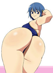  10s 1girl ass blue_eyes blue_hair eleven929rr from_below hair_ornament hairclip huge_ass looking_down mahou_shoujo_madoka_magica miki_sayaka short_hair smile thong  rating:Questionable score:25 user:armorcrystal