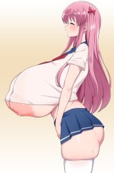  1girl ass bow breasts chamchami closed_eyes gigantic_breasts hair_bow haramura_nodoka huge_ass inverted_nipples kiyosumi_school_uniform large_areolae long_hair open_mouth pink_hair profile saki_(manga) school_uniform simple_background skindentation skirt smile solo sweat thick_thighs thighhighs thighs 
