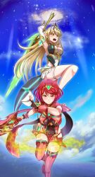  2girls absurdres aegis_sword_(xenoblade) backless_outfit bare_shoulders blonde_hair breasts cloud core_crystal_(xenoblade) covered_navel dress drop_earrings earrings fingerless_gloves gloves highres impossible_clothes jewelry large_breasts long_hair looking_at_viewer microdress multiple_girls mythra_(massive_melee)_(xenoblade) mythra_(xenoblade) nintendo open_mouth pyra_(xenoblade) red_eyes red_hair red_shorts samu_poteto short_hair short_shorts shorts skindentation sky smash_invitation super_smash_bros. swept_bangs thighhighs tiara very_long_hair weapon white_dress white_gloves xenoblade_chronicles_(series) xenoblade_chronicles_2 yellow_eyes 