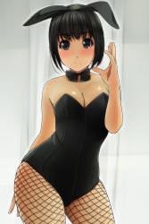  1girl absurdres animal_ears bare_arms bare_shoulders black_bow black_bowtie black_hair black_hairband black_leotard blush bow bowtie breasts brown_eyes cleavage closed_mouth contrapposto cowboy_shot fake_animal_ears fishnet_pantyhose fishnets hairband hand_up head_tilt highres leotard looking_at_viewer matsunaga_kouyou medium_breasts original pantyhose playboy_bunny rabbit_ears smile solo standing strapless strapless_leotard  rating:Sensitive score:39 user:AngryZapdos
