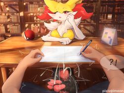  !? 1boy 1girl animal_ear_fluff animal_ears animal_feet animal_nose artist_name black_fur blush body_fur book bookshelf braixen breasts creatures_(company) cum ejaculation footjob fox_ears fox_girl furry furry_female furry_with_non-furry game_freak gen_6_pokemon hand_on_own_cheek hand_on_own_face holding holding_pen imoon indoors interspecies looking_at_viewer medium_breasts motion_lines multicolored_fur neck_fur nintendo open_mouth paper pawpads pen penis penis_out pixiv_username poke_ball poke_ball_(basic) pokemon pokemon_(creature) pokephilia pov pov_hands projectile_cum red_eyes sitting snout solo_focus speech_bubble spoken_interrobang table trembling uncensored white_fur yellow_fur 