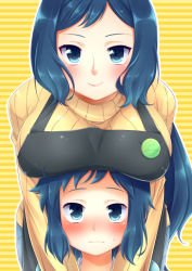 10s 1boy 1girl aichi_shiho bad_id bad_pixiv_id blue_eyes blue_hair blush breast_rest breasts breasts_on_head gundam gundam_build_fighters hetero hug hug_from_behind iori_rinko iori_sei large_breasts long_hair looking_at_viewer mature_female mother_and_son ribbed_sweater short_hair smile striped striped_background sweater yellow_background rating:Sensitive score:33 user:danbooru