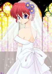  1girl alternate_hairstyle back_bow bare_shoulders blue_eyes bow braid bridal_veil bride dress earrings elbow_gloves flower french_braid genderswap genderswap_(mtf) gloves hair_flower hair_ornament jewelry looking_back necklace open_back ranma-chan ranma_1/2 red_hair saotome_ranma solo sparkle stained_glass veil white_dress window 