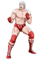 1boy abs biceps clenched_hands fighting_stance full_body gloves groin highres jewelry kinnikuman large_pectorals looking_at_viewer manly muscular official_art pectorals red_gloves solo terryman