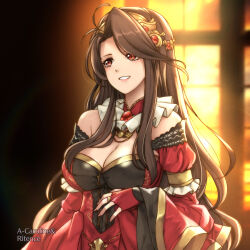  1girl breasts brown_hair circlet cleavage dress fingerless_gloves fire_emblem fire_emblem:_mystery_of_the_emblem fire_emblem_cipher gloves highres large_breasts long_hair nintendo official_alternate_costume red_dress red_eyes ritence sheena_(fire_emblem) smile solo sunlight very_long_hair window 