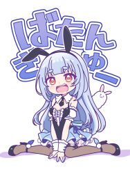  1girl animal_ears bad_id bad_twitter_id bare_shoulders black_footwear black_hairband black_leotard black_necktie black_pantyhose blue_hair blue_ribbon blunt_bangs breasts brown_eyes cleavage commentary_request covered_navel detached_collar detached_sleeves don-chan_(usada_pekora) fake_animal_ears full_body hairband high_heels highres hololive leotard long_hair looking_at_viewer necktie nekomachi_nao open_mouth pantyhose puffy_detached_sleeves puffy_sleeves rabbit_ears ribbon shoes sitting small_breasts solo tearing_up thick_eyebrows translation_request usada_pekora v_arms very_long_hair virtual_youtuber wariza white_background wrist_cuffs 