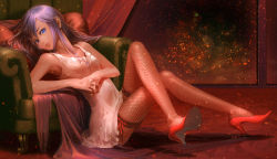  1girl armchair armpits bad_id bad_pixiv_id blue_eyes chair crossed_legs dress earrings fishnet_thighhighs fishnets green_upholstery high_heels jewelry light_particles long_hair original own_hands_clasped own_hands_together purple_hair reclining red_footwear red_theme shoes sitting solo thighhighs window yuanmaru 