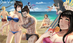  4boys 5girls abs absurdres arm_up bare_shoulders barefoot beach bikini bikini_top_only black_bikini black_eyes black_hair black_jammers black_male_swimwear blue_bikini blue_eyes blue_sky blurry blurry_background breasts cassidy_(overwatch) cleavage cloud cloudy_sky collarbone colored_skin copyright_name cup d.va_(overwatch) day dragon_tattoo drinking_glass drinking_straw artistic_error facepaint facial_hair facial_mark genji_(overwatch) glass groin guoguo hanzo_(overwatch) head-mounted_display helmet highres holding holding_cup holding_drinking_glass jammers jealous junkrat_(overwatch) large_breasts long_hair looking_at_viewer male_swimwear mechanical_wings mei_(overwatch) mercy_(overwatch) midair multiple_boys multiple_girls muscular navel no_eyewear ocean orange_male_swimwear orange_swim_trunks outdoors overwatch overwatch_1 palm_tree pink_bikini pout purple_male_swimwear purple_skin purple_swim_briefs red_jammers red_male_swimwear sand short_hair short_ponytail side-tie_bikini_bottom sidelocks sitting sky spiked_hair stomach swim_briefs swim_trunks swimsuit tattoo topless_male tracer_(overwatch) tree very_long_hair water_gun whisker_markings widowmaker_(overwatch) wings yellow_bikini yellow_eyes  rating:Sensitive score:20 user:danbooru