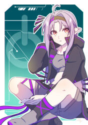  1girl absurdres ahoge alternate_costume aqua_background black_footwear black_hairband black_jacket boots border breasts cellphone collarbone commentary commentary_request crop_top cropped_jacket crossed_legs english_commentary fairy_(sao) full_body grey_footwear grey_shirt grey_shorts hair_between_eyes hair_intakes hairband high_heel_boots high_heels highres holding holding_phone jacket leg_ribbon long_hair long_sleeves looking_at_viewer midriff mixed-language_commentary multicolored_clothes multicolored_footwear multicolored_jacket neosight outline outside_border parted_bangs parted_lips phone pointy_ears power_symbol purple_footwear purple_hair purple_jacket purple_ribbon red_eyes ribbon shirt shorts sidelocks signature sitting small_breasts smartphone solo sword_art_online thigh_ribbon twitter_username two-tone_jacket white_border white_outline yuuki_(sao) 