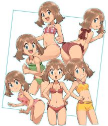  1girl :d :o arm_behind_head armpits ass back bent_over bikini bikini_shorts blue_eyes blue_outline breasts brown_hair collarbone creatures_(company) cropped_legs female_focus game_freak gluteal_fold green_one-piece_swimsuit hair_between_eyes halterneck hand_on_own_hip hands_on_own_hips highres hip_focus leaning_forward looking_at_viewer looking_back may_(pokemon) medium_breasts midriff multiple_views navel nintendo nyonn24 one-piece_swimsuit open_mouth outline pink_one-piece_swimsuit plaid plaid_bikini pokemon pokemon:_lucario_and_the_mystery_of_mew pokemon_(anime) pokemon_ranger_and_the_temple_of_the_sea pokemon_rse pokemon_rse_(anime) polka_dot polka_dot_swimsuit red_bikini round_teeth short_hair shorts small_breasts smile stomach swimsuit teeth upper_teeth_only v yellow_bikini  rating:Sensitive score:100 user:precita