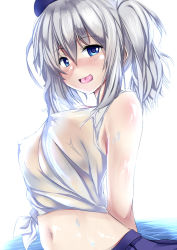 10s 1girl alternate_costume arms_behind_back bare_shoulders blue_eyes blue_skirt breasts covered_erect_nipples doubt_(seiga28323777) from_side hair_between_eyes kantai_collection kashima_(kancolle) large_breasts looking_at_viewer midriff navel no_bra open_mouth pleated_skirt see-through shiny_skin shirt silver_hair skirt sleeveless sleeveless_shirt solo tied_shirt tongue twintails upper_body water wet wet_clothes wet_shirt white_shirt rating:Questionable score:15 user:danbooru