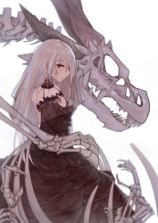 1girl absurdres black_dress claws closed_mouth commentary_request detached_collar detached_sleeves dragon dress frilled_dress frills from_side grey_hair hair_between_eyes hand_on_own_chest highres long_hair looking_at_viewer original parted_lips red_eyes sideways_mouth simple_background skeleton solo standing very_long_hair white_background yukineko rating:Sensitive score:2 user:danbooru