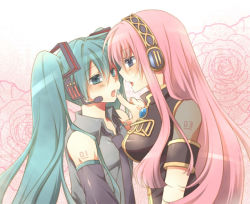 2girls :o aqua_eyes aqua_hair bad_id bad_pixiv_id black_detached_sleeves black_neckwear blue_eyes blue_gemstone blush brooch collared_shirt couple detached_sleeves eye_contact face-to-face female_focus finger_to_face finger_to_mouth floral_background flower gem gradient_background grey_shirt hatsune_miku headphones headset index_finger_raised jewelry long_hair looking_at_another marimorimo megurine_luka multiple_girls neck necktie open_mouth pink_hair rose round_teeth see-through shirt shushing sleeveless sleeveless_shirt tattoo teeth twintails upper_body vocaloid yuri rating:Sensitive score:23 user:danbooru