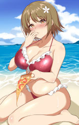 1girl bare_arms bare_legs bare_shoulders barefoot beach bikini blue_sky blush breasts brown_hair cleavage closed_mouth cloud collarbone commentary_request day finger_in_own_mouth flower food frilled_bikini frills front-tie_bikini_top front-tie_top genmon hair_flower hair_ornament halterneck hands_up head_tilt heart heart-shaped_pupils highres holding holding_food holding_pizza idolmaster idolmaster_cinderella_girls large_breasts looking_at_viewer mimura_kanako navel nose_blush ocean on_ground outdoors pizza pizza_slice raised_eyebrows red_bikini short_hair sitting sky solo stomach swimsuit symbol-shaped_pupils wariza water_drop wet white_flower yellow_eyes rating:Sensitive score:40 user:danbooru
