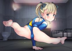  1girl ass athletic_leotard barefoot blonde_hair blue_eyes blush cameltoe cleft_of_venus feet flat_chest from_behind gymnast gymnastics highres leotard loli looking_back pussy_juice ryunnu spread_legs  rating:Explicit score:80 user:fussy_hussy