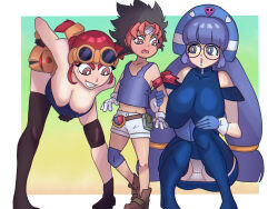 1boy 2girls age_difference batch breasts glasses gluko goggles goggles_on_head large_breasts long_hair mon_colle_knights multiple_girls ooya_mondo purple_hair red_hair tagme