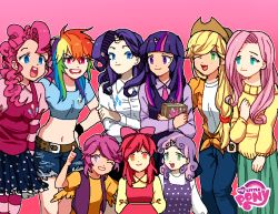 6+girls apple_bloom applejack bad_id bad_pixiv_id blonde_hair blue_eyes book breasts casual copyright_name denim eyeshadow female_focus flat_chest fluttershy gom_(g_0) green_eyes jeans long_hair makeup midriff multicolored_hair multiple_girls my_little_pony my_little_pony:_friendship_is_magic one_eye_closed open_mouth pants personification pink_background pink_hair pinkie_pie pixel_art purple_eyes purple_hair rainbow_dash rainbow_hair rarity_(my_little_pony) red_eyes red_hair scootaloo short_hair short_shorts shorts simple_background skirt small_breasts streaked_hair sweetie_belle thumbs_up twilight_sparkle wink rating:Sensitive score:35 user:danbooru