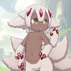  1girl artist_name blurry blurry_background blush breasts commentary dark-skinned_female dark_skin english_commentary extra_arms faputa female_focus highres kionant loli looking_to_the_side made_in_abyss monster_girl multiple_tails navel nipples nude outdoors short_hair small_breasts solo tail white_hair yellow_eyes  rating:Questionable score:115 user:danbooru
