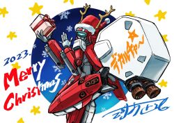 airplane_wing antlers bow choujikuu_yousai_macross cowboy_shot gift hand_gesture hands_up hat highres holding holding_gift horns kawamori_shouji leg_up looking_at_viewer macross mecha merry_christmas no_humans pom_pom_(clothes) reindeer_antlers ribbon robot santa_hat simple_background sketch snowflakes star_(symbol) thrusters vf-1j white_background wings
