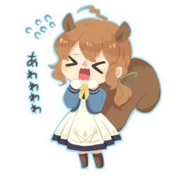  &gt;_&lt; 1girl ahoge animal_ears blue_cape blush_stickers bow bowtie brown_footwear brown_hair cape chibi dress flying_sweatdrops full_body gloves hair_between_eyes highres lou_pender monica_everett open_mouth panicking shouting silent_witch simple_background solo squirrel_ears squirrel_girl squirrel_tail tail white_background white_dress white_gloves yellow_bow yellow_bowtie 