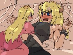  2girls @_@ bed black_dress blonde_hair blush borrowed_design bowsette bracelet breasts collar commentary crown dress elbow_gloves eyebrows gloves hair_between_eyes horns jewelry large_breasts long_hair looking_at_another lying mario_(series) multiple_girls muscular navel new_super_mario_bros._u_deluxe nintendo on_back open_mouth pillow ponytail princess_peach sharp_teeth size_difference smile spiked_bracelet spiked_collar spikes strapless strapless_dress super_crown sweat tama_two_(fukuya) teeth white_gloves yuri 