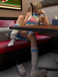  1girl 3d blonde_hair blue_eyes breasts cheerleader clothing_aside dead_or_alive dead_or_alive_3d dead_or_alive_5 exhibitionism feet female_focus full_body glass head_rest highres indoors long_hair loose_socks lvl3toaster marie_rose midriff panties panties_aside public_indecency pussy shoes unworn_shoes sitting small_breasts socks solo table twintails uncensored underwear upskirt white_panties wristband  rating:Explicit score:355 user:sumga