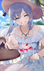  1girl absurdres anastasia_(fate) anastasia_(swimsuit_archer)_(fate) anastasia_(swimsuit_archer)_(first_ascension)_(fate) bare_shoulders blue_dress blue_eyes blush bracelet breasts collarbone doll dress earrings fate/grand_order fate_(series) food grin hair_over_one_eye hat highres izanaware_game jewelry large_breasts long_hair looking_at_viewer necklace pendant shaved_ice smile straw_hat very_long_hair viy_(fate) white_hair 