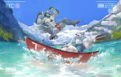  2boys absurdres anniversary bandaid bandaid_on_face bandaid_on_nose bara bear_boy beard ben_(rollingstonex6) blush borrowed_character bulge chest_tuft day facial_hair full_beard full_body furry furry_male grey_fur highres holding holding_oar holding_paddle jumping large_pectorals looking_to_the_side male_focus male_swimwear mature_male mowang_yu multiple_boys muscular muscular_male nipple_piercing nipple_rings oar ocean original paddle pectoral_cleavage pectorals piercing short_hair sitting sweatdrop swim_briefs thick_eyebrows viewfinder white_hair worried 