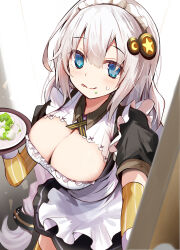  1girl alternate_costume apron black_dress blue_eyes braid breasts cleavage cleavage_cutout closed_mouth clothing_cutout collared_dress dress efe elbow_gloves enmaided food food_on_face gloves hair_ornament highres holding holding_tray kizuna_akari large_breasts licking_lips long_hair looking_at_viewer maid maid_apron maid_headdress opening_door plate solo standing sweatdrop tongue tongue_out tray twin_braids very_long_hair vocaloid voiceroid white_hair yellow_gloves 