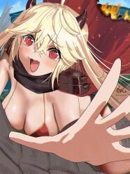  1girl :d @_@ armor azur_lane bikini bikini_armor blonde_hair bluecher_(azur_lane) bluecher_(skyward_burning_love)_(azur_lane) blush breasts burning_clothes burnt_clothes cape cleavage day dragon dragon_horns dragon_riding echo_(lowlow808) fang hair_between_eyes hand_up highres horns large_breasts long_hair looking_at_viewer medium_breasts midair open_mouth orange_eyes outdoors outstretched_arm reaching reaching_towards_viewer red_bikini red_cape red_eyes revealing_clothes scared signature smile solo surprised swimsuit tears twintails very_long_hair wings 